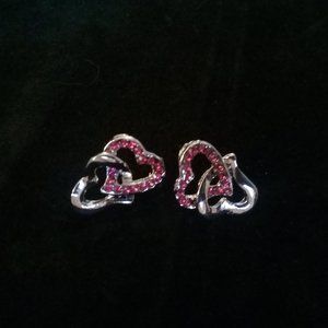 Silver with pink rhinestone heart earrings